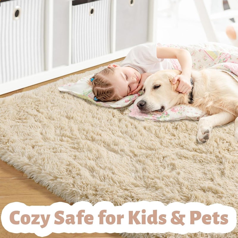 Amdrebio Beige Area Rugs for Bedroom Kids Room, 5x7 Fluffy Plush Shag Furry Cute Rug for Living Room Decor Aesthetic, Soft Shaggy Fuzzy Neutral Tan Carpet for Teens Baby Nursery Playroom Preppy Dorm - Image 3